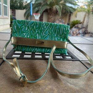 Lilly Pulitzer Green and Gold Clutch with Metallic Design